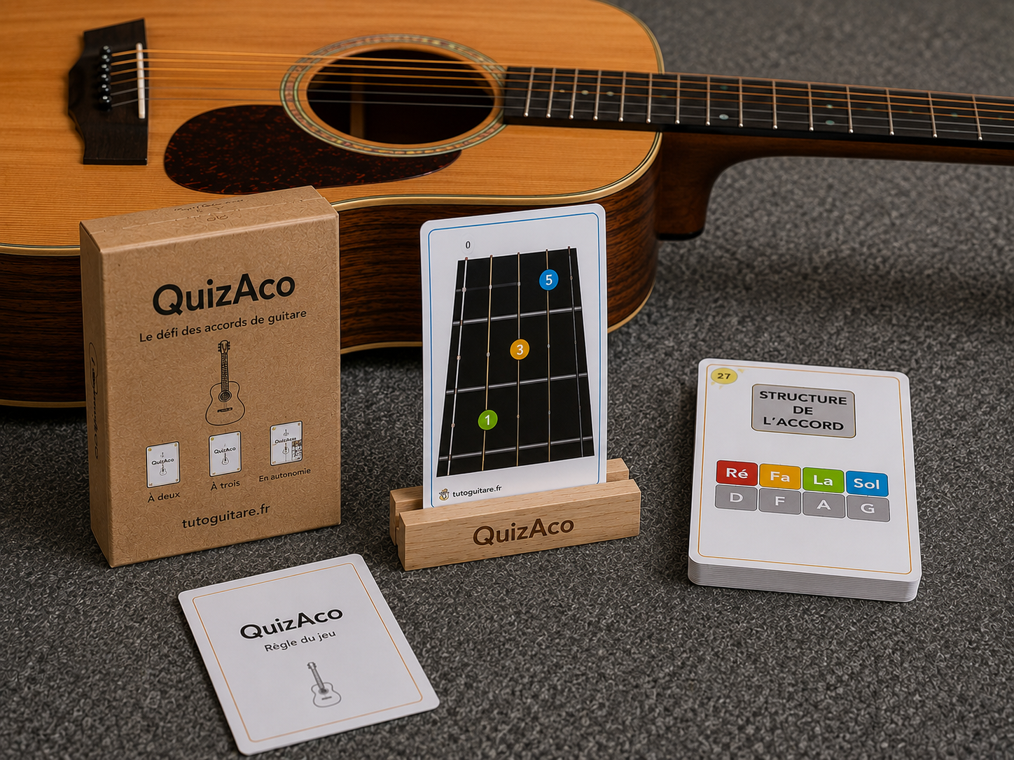 QuizAco : boîte, cartes et support sur une guitare